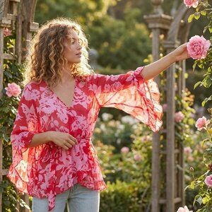 Anna Molinari Womens Pink Floral Blouse Size 4 Chain Detail Semi Sheer Top Italy